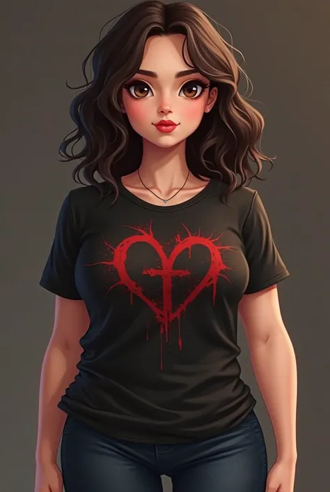  HQ style animation style create an image of a woman,  chubby girl, dark brown hair not very curly at chest height, wearing a black t-shirt printed with some symbol from the series The Vampire Diaries, dark brown eyes, white,  chubby girl