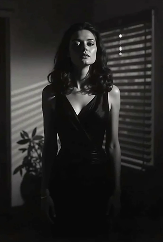 A grainy black-and-white still from an old film noir movie of the femme fatale standing in her dark apartment, with light filtering through blinds creating dramatic shadows on her face. The atmosphere is intense and mysterious, capturing the style reminisc...