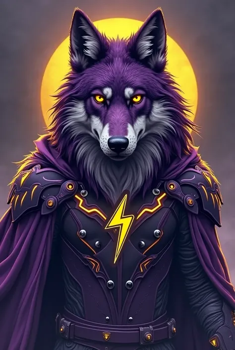 You can generate an image of a purple and yellow wolf that also contains black and white. Have the Wolf stand next to a man who wears Black Wolf armor and has purple and yellow details. Also in the center of the image should be the name Joao, next to a lig...