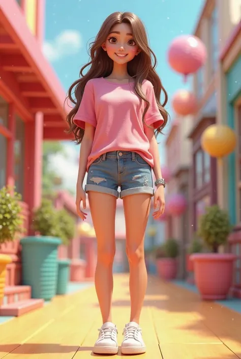 , s,3d drawing, brown hair, brown eyes, in long pink t-shirt and denim shorts and white sneakers, cheerful background