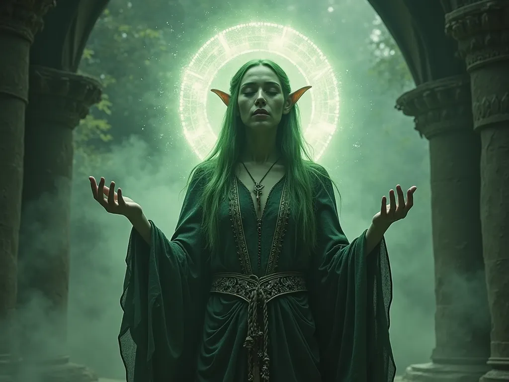 cinematographic epic magic and adventure lighting, A mystical, elven-like woman with pointed ears and greenish skin stands in a medieval fantasy setting. She wears elaborate robes adorned with intricate designs, resembling a priestess. Her arms are outstre...