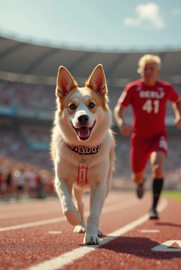 A cinematic, ultra-realistic and ultra-detailed composition of a dog, strong with 'JESUS' written on it. He is running on a track with the number 41, smiling confidently, and the sunlight reflects off his skin. The background contains a stadium full of spe...