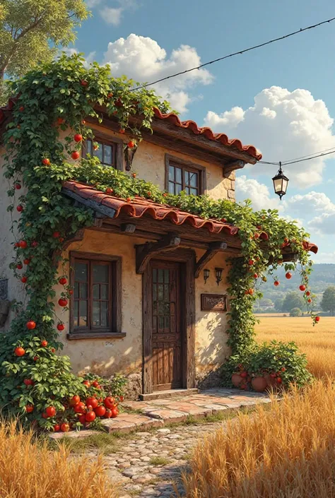 Generate the exterior for the restaurant with tomatoes,near the wheat field in peasant style without people