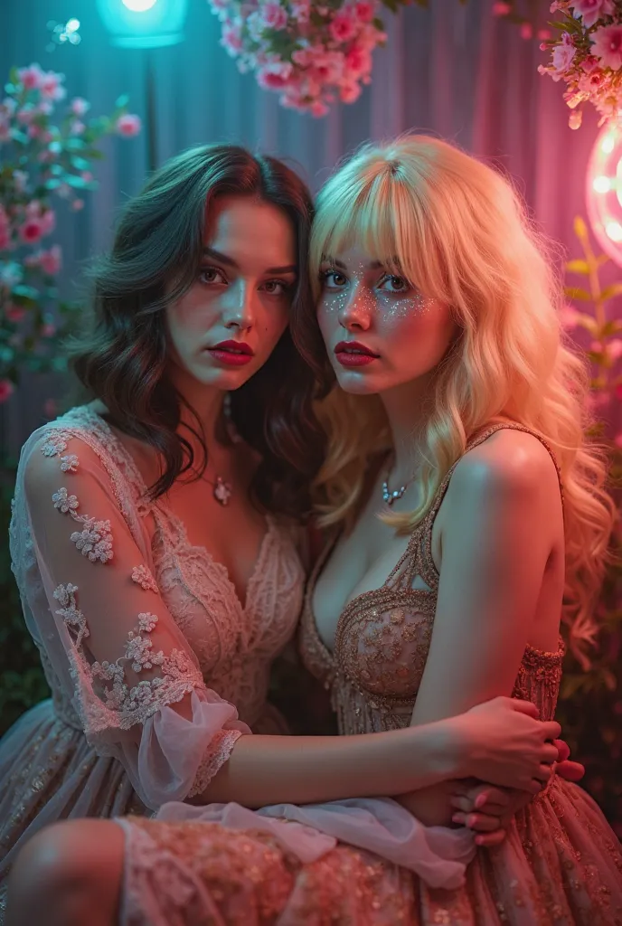 Create a realistic image of Lana Del Rey and Sia together, in a dramatic and artistic setting. Lana Del Rey with her vintage style, wavy hair and classic makeup, and Sia with her iconic blonde wig covering her face. Both are set against a surreal backgroun...