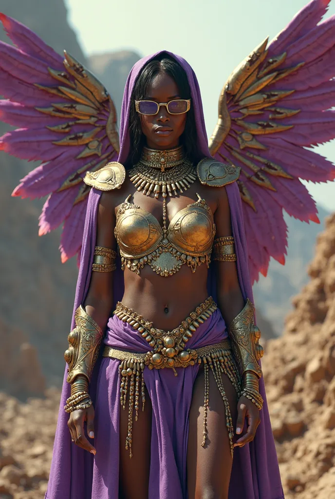 beautiful woman. African dark skin ,   smile, Cinderella, purple and gold armor , nude, Tull gold jewelry , nail gun clothing claws, blood stained, apocalypse background, real, Luz outfit ,  animal skin , light purple and gold metal wings,  hood, sunglasse...