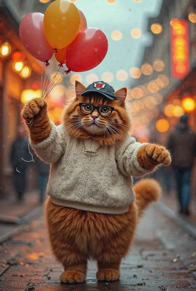 An ultra-realistic cinematic image of a fat and striped cat, of vibrant and extremely fluffy orange fur. He wears a stylish cap and modern dark glasses, besides a sweater comfortable white that contrasts with your bulky fur. The cat is holding colorful bal...