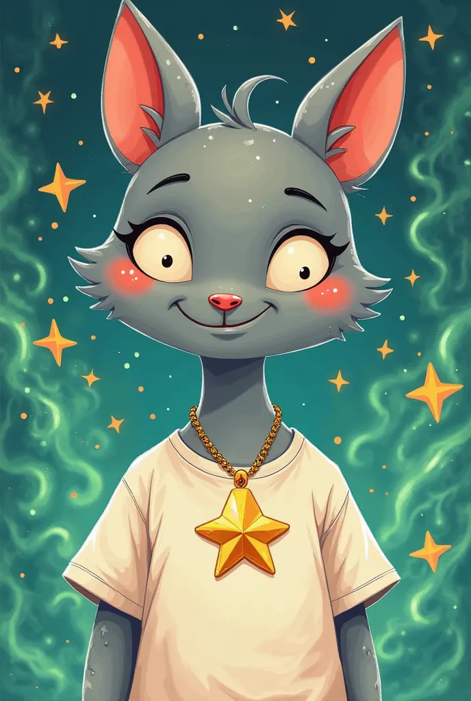 Create a cartoonish character with a star necklace with green lines on the t-shirt, His skin color is gray