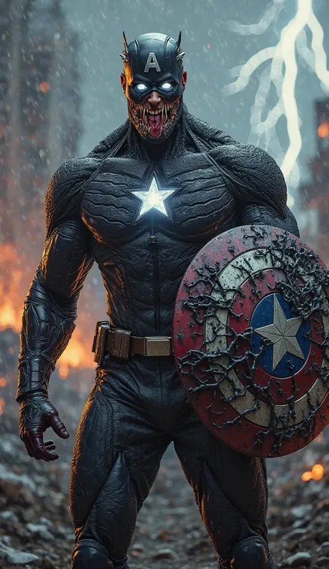 Ultra-detailed, cinematic, hyper-realistic scene. A terrifying and powerful fusion of Captain America and Venom. A massive, muscular figure with Venom’s black symbiote suit enveloping his body, but a bright white star emblem still shining on his chest. His...