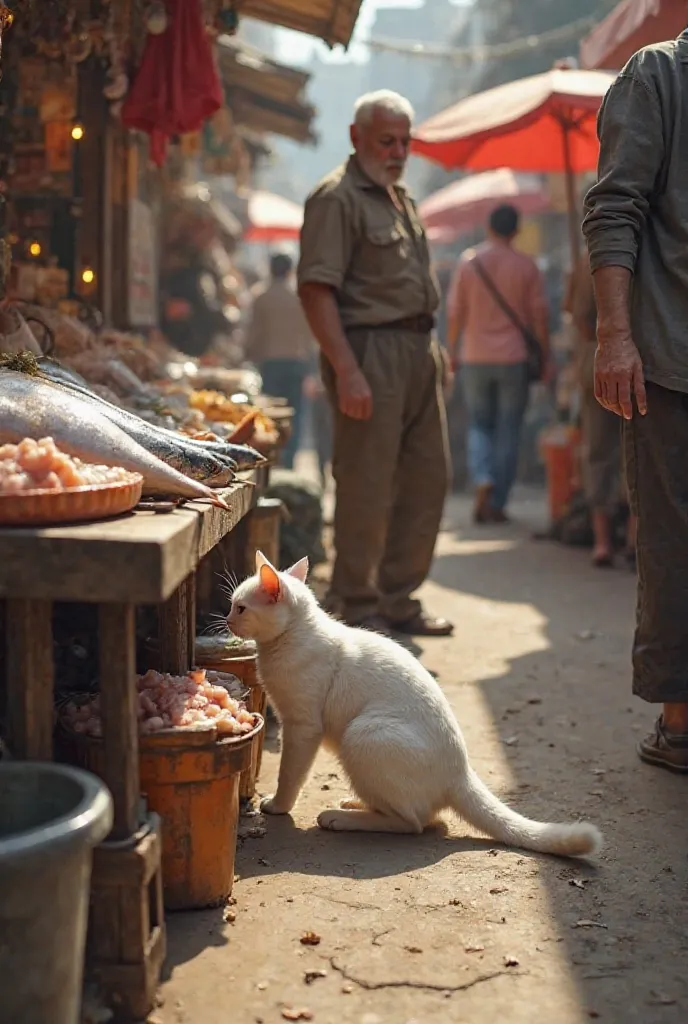 A medium-sized pure white cat crouches near a fish stall in the busy marketplace, its eyes locked on a fresh fish lying on the wooden counter. Its sleek fur contrasts with the rough wooden stalls around it. The cat's ears are perked up, tail slightly raise...