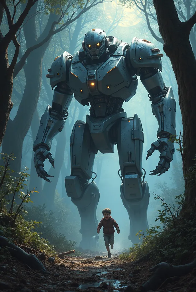 A giant robot walks and follows the boy, who runs away from him in fear, in night forest