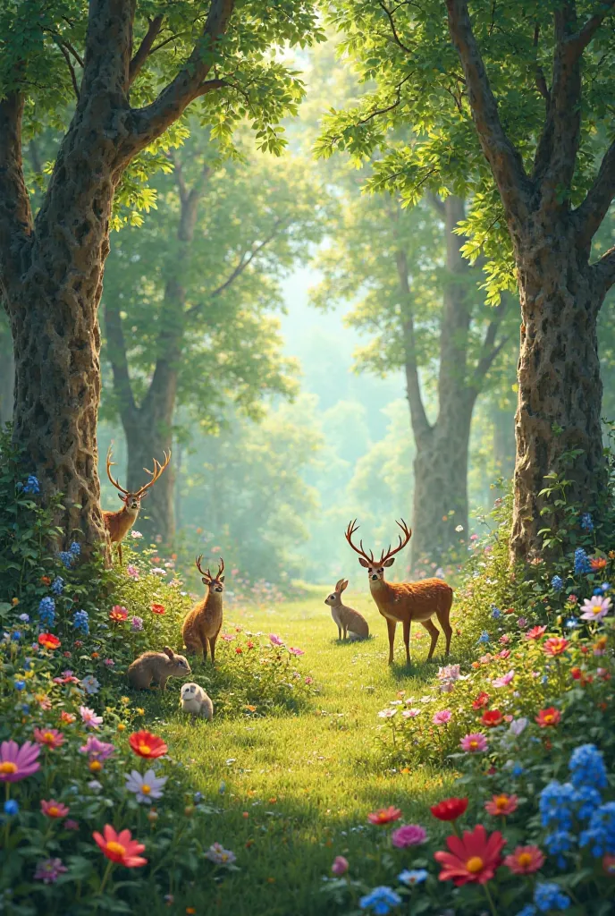 Beautiful greanest forest and beautiful animals around beautiful flowers