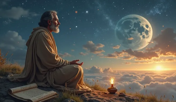 A serene and profound scene of the prophet Daniel, sitting in a quiet and solitary place, contemplating the sky in a state of meditation and spiritual reflection. Daniel is dressed in a simple but elegant robe, in earth tones, which falls in natural and re...