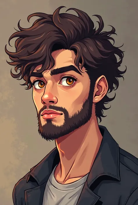 Male build boy. A boy with amber-colored eyes shaped like a cat , short dark brown curly hair , thick eyebrows and big lips. slim build but cacheton  , with well-defined cheekbones and a masculine face . He is a young adult. with beard.  pixel art style