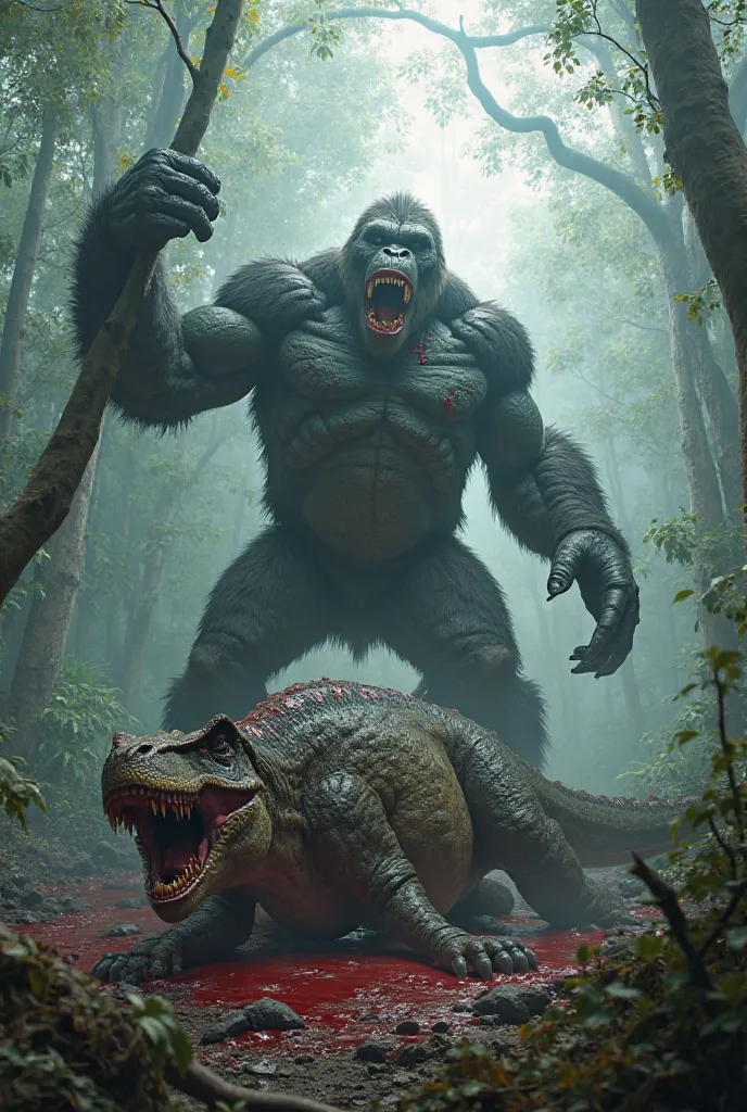 a dense, fog-covered jungle, a monstrous King Kong-like ape stands victorious over a defeated dinosaur. The ape, covered in scars and battle wounds, roars into the sky, its massive fists dripping with blood. The lifeless body of a gigantic T-Rex-like dinos...