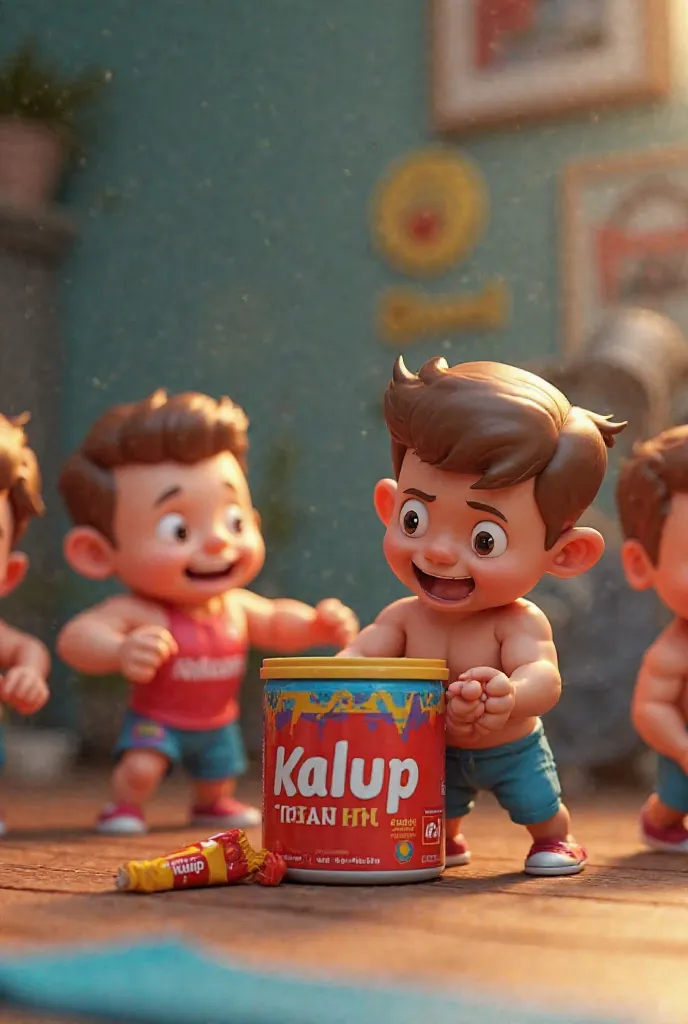 Tiny cartoon bodybuilders or athletes opening a container of 'Kalup Creatine' and using it before their workout. The container is colorful and attractive, with the brand name clearly visible. The scene is lively and energetic, cartoon style, 3D rendering, ...