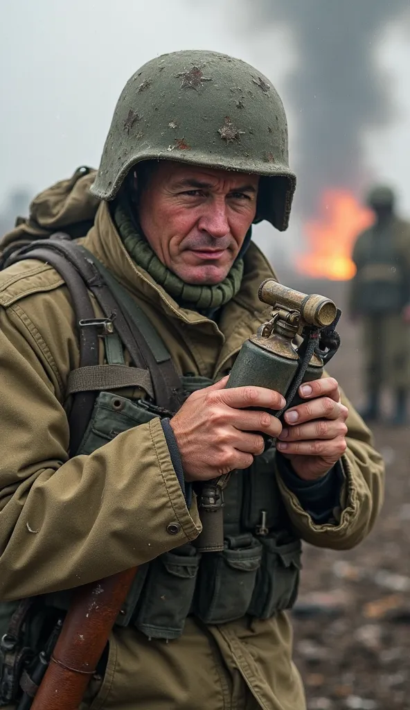 Red Army soldiers from the Great Patriotic War, dissatisfied with the RPG-40, . . The image shows a soldier, grenade carefully holding a grenade, with an expression of tension on his face. Nearby is a, at whom a, to explode when hit by armor. In the backgr...