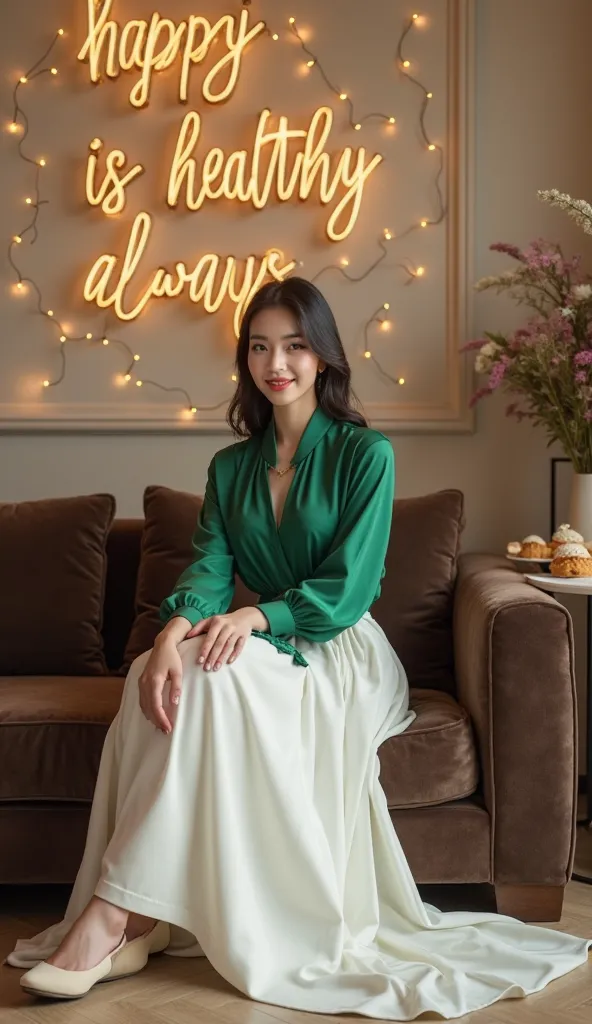 Full body HD realism,    A beautiful Korean woman ,white skin, wear a graceful emerald green blouse, long wide white skirt, flatshoes cream,  smiling thinly towards camera, sitting on a luxurious dark brown single sofa, against the background of a very lux...