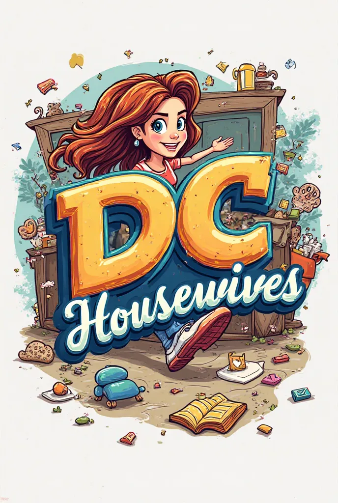 Create a housewives logo with the name DC and written on it housewives I want it to be very cute soon and with the background of a disorganized house and ren running
