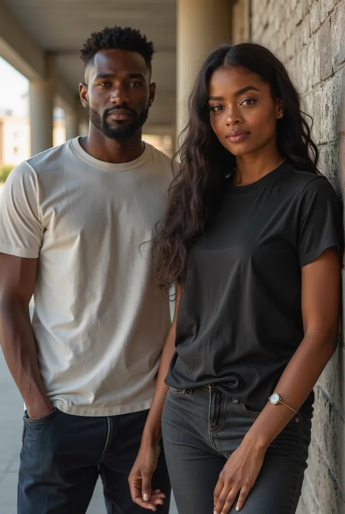 Create a realistic and professional image for a unisex fashion ad . The model should be two stylish black people a man and a woman , wearing a plain brown and white t-shirt premium 100%  Cotton , in a neutral tone (therefore, white or gray).  It must be in...