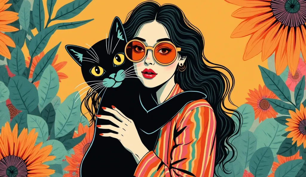 A woman in a vibrant and psychedelic setting of the 70s, with bright colors and geometric shapes. She's affectionately hugging a stylized black cat, With big amber eyes, in an environment with abstract and floral patterns in the colors amber and teal.  The...