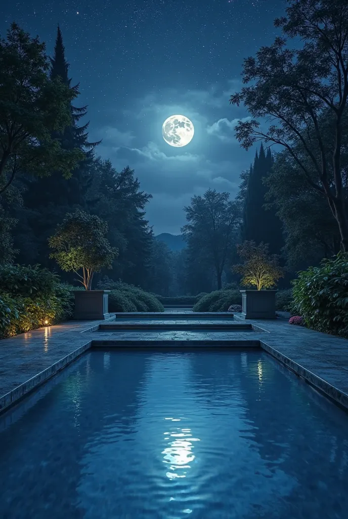 Realistic photo of a pool at night 