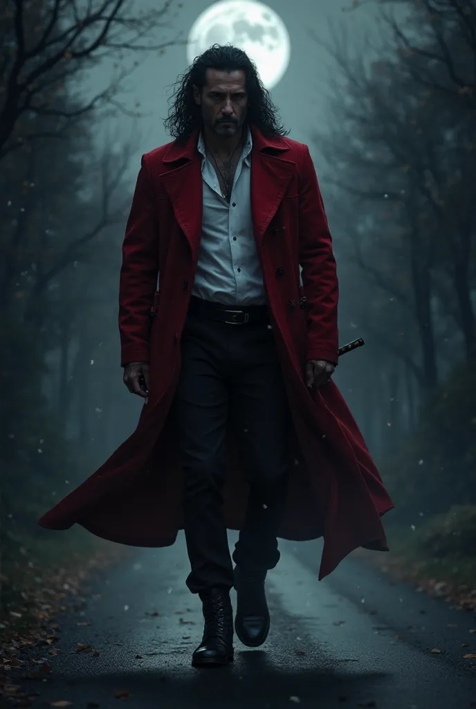 An average-sized black-haired man, red overcoat leather bathrobe,  white shirt underneath,  black pants, leather boots carrying a black-bladed sword, On a road at night