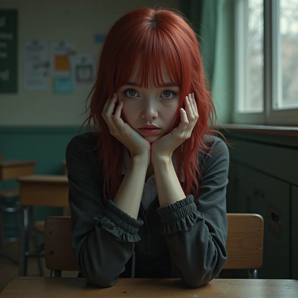 I want a bottomless photo of a red-haired girl sitting in front of a class desk with a pensive face, as if something were happening outside