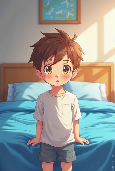 Cute fourteen years old brown haired anime boy standing blushing in front of his blue bed (anime version)