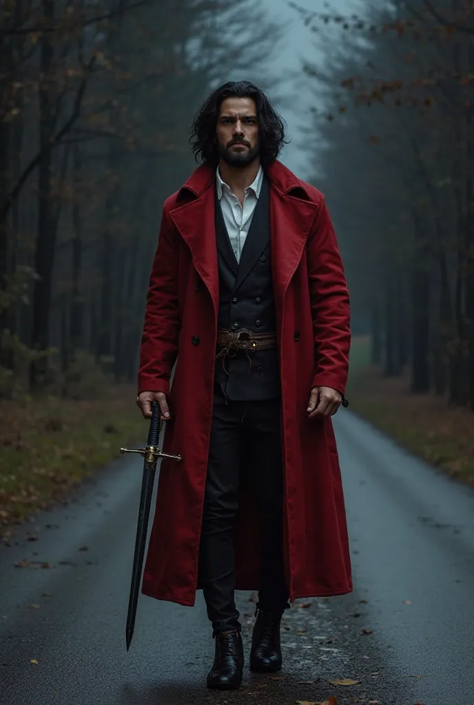 An average-sized black-haired man, red overcoat leather bathrobe,  white shirt underneath,  black pants, leather boots carrying a black-bladed sword, On a road at night in a medieval era, clothes in medieval style 