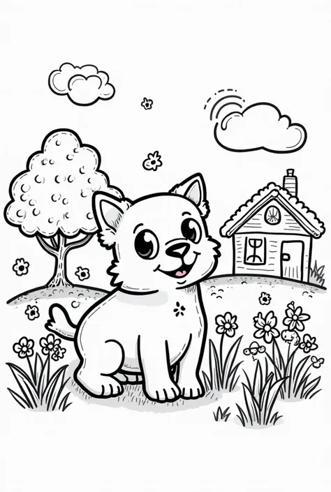 Generate a coloring image for an ebook . The image must be clear and well defined, without shadows, with thick lines and sharp outlines.  The background must be completely white . Includes fun elements such as an animal (for example,  a dog or a cat ), a s...