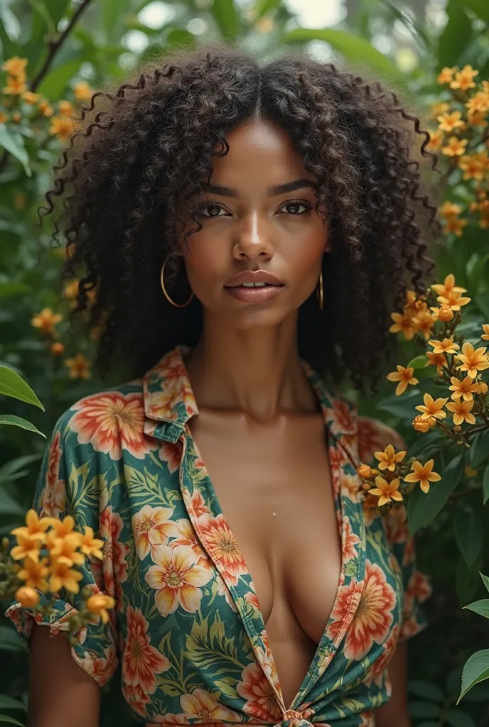 A Brazilian woman in a lush tropical garden,  wearing an open shirt with floral print, with a close up capturing the harmonious beauty between her breasts and natural flowers, showing her natural charm and outgoing personality.