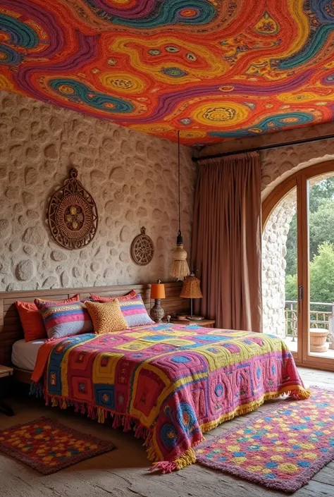 a room with a colorful bed for ren that looks very realistic in a minimalist and bohemian style with a ceiling ceiling with waves or spirals of strong colors, That it is furnished with wooden things and walls made of many stones ,That there are hand-woven ...