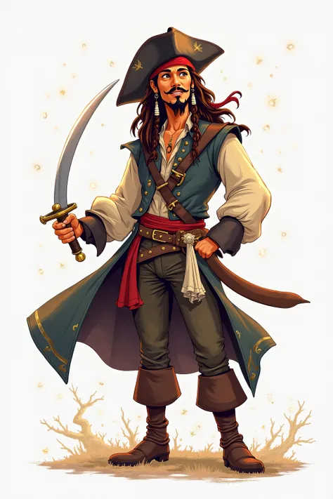 "Create a Disney-style illustration depicting the Pirates of the Caribbean characters Jack Sparrow. The scene must be vibrant and fairytale, with soft strokes, elegant lines and pastel colors typical of Disney animation. Add curvilinear details, warm and w...