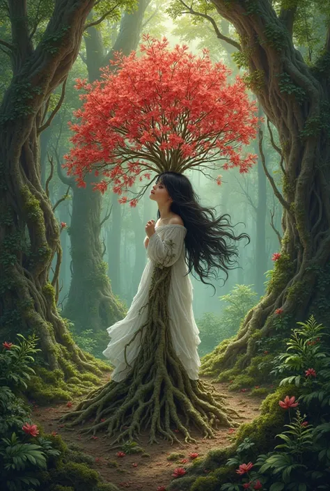 Girl with long black hair planting a red tree in a forest 
