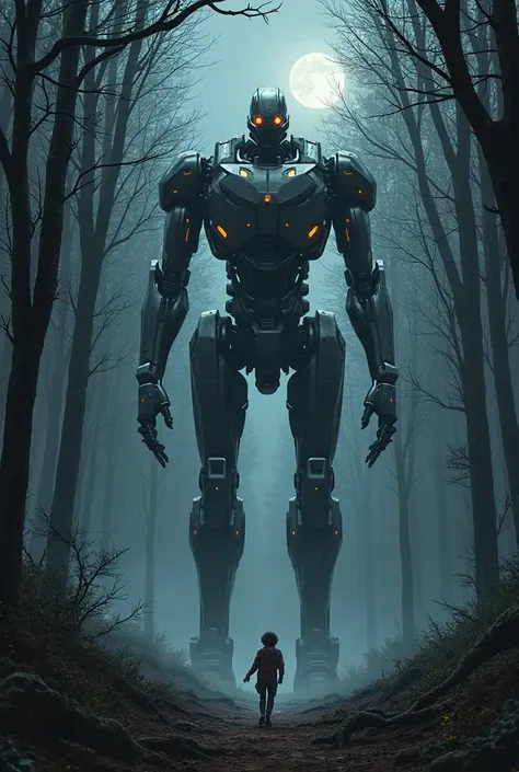 A giant modern robot walking and following the boy, who runs away from him in fear, in night forest, view from below