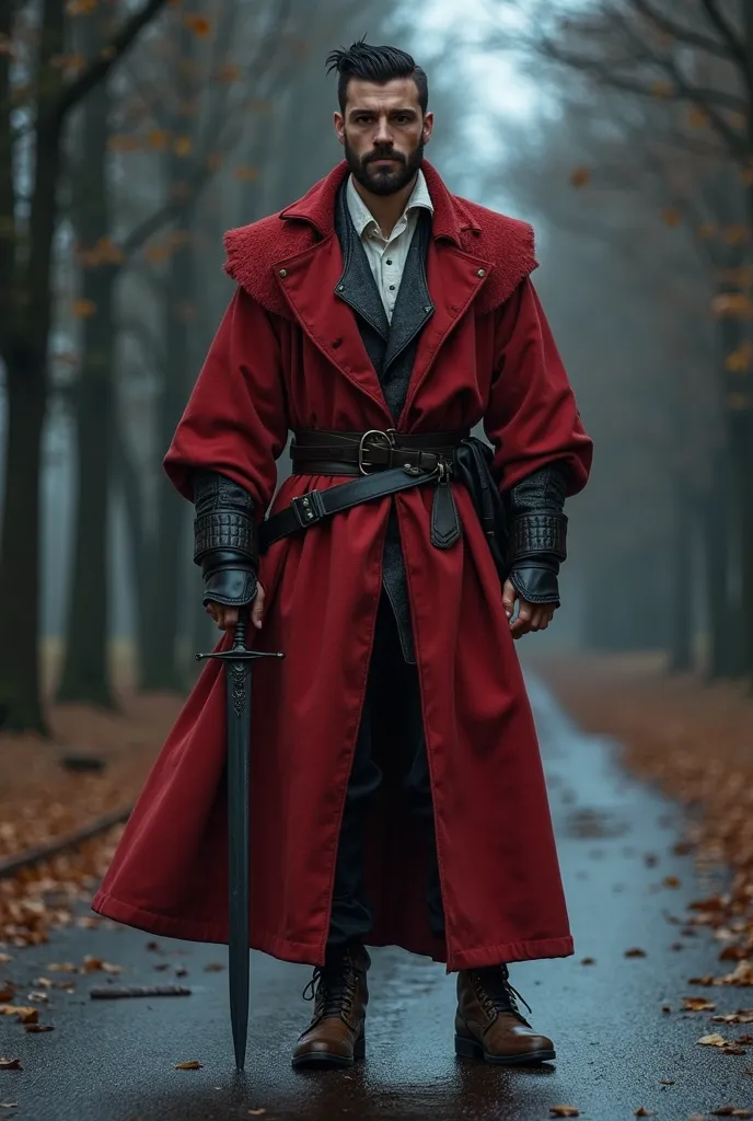 An average-sized black-haired man, red overcoat leather bathrobe,  white shirt underneath,  black pants, leather boots carrying a black-bladed sword, On a road at night in a medieval era, clothes in medieval style, Young age with short beard 