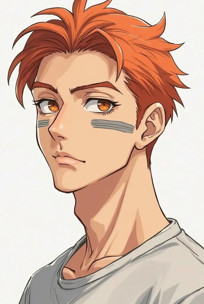 I draw a man like the anime drawing. He has orange eyes, red-orange hair, his hair is parted in half and short. He is long and his facial bones are prominent. He has gray lines on his cheeks, lines below his eyes and on their sides 