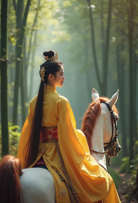 A woman in a traditional costume is riding a horse through a bamboo forest, Hanfu, looks at one woman, palace ， A girl in Hanfu, yellow,Hanfu, Wuxi, Full body martial arts, Carafe woman wearing old Chinese clothes , Cyansia Fantasy,  ancient Chinese clothi...