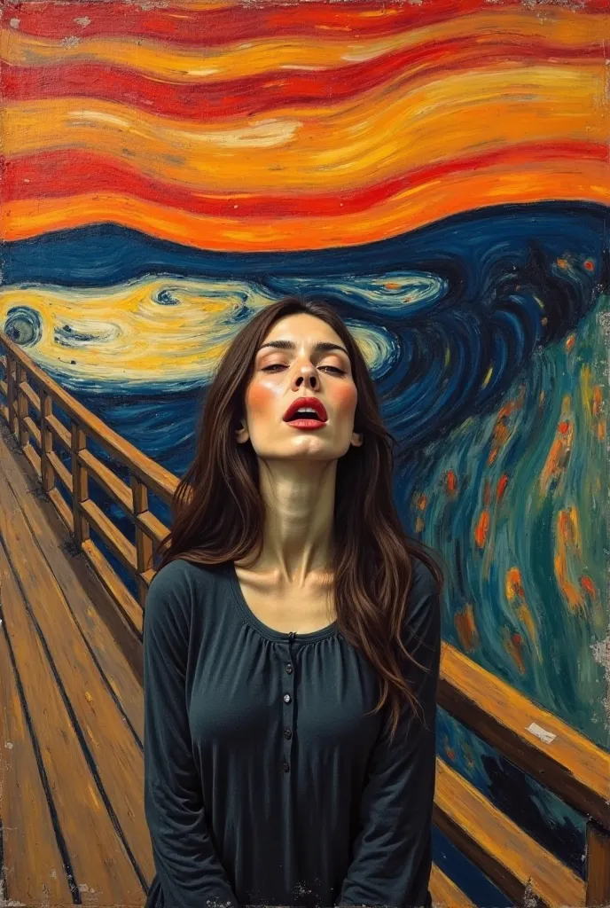 I would like you to take the painting The Scream by Edvard Munch and place a woman with dark brown hair wearing simple clothes in place of the person screaming with the same line just change her hair to make it longer 