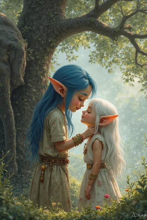 A boy with long ears blue hair caresses the face of a girl with long ears white hair with an elephant under a tree