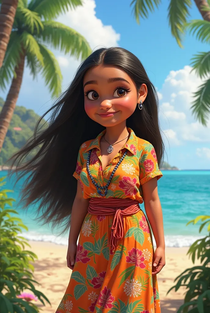 Make me a friend for Moana but with straight hair and a long Hawaiian blouse ( Q NOT BE MOANA)  pretty in a one-piece dress and a little bit plump 