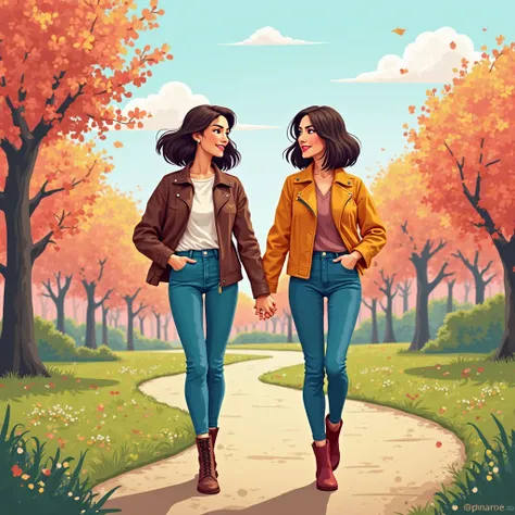 Two young lesbian women, both 29 years old, walk hand in hand through a colorful spring park in March. They wear stylish mid-season outfits—bright, beautiful jeans, trendy boots, and vibrant jackets. Their bob haircuts frame their joyful faces as they shar...