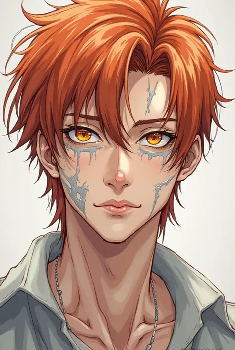 I draw a man like the anime drawing. He has orange eyes, red-orange hair, his hair is parted in half and short, his facial bones are prominent. He has gray lines on his cheeks, lines on the bottom of his eyes and on their sides. He has scars on his face. H...