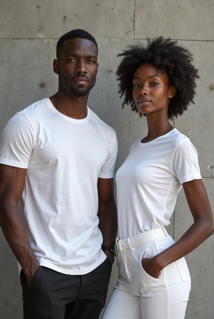 Create a realistic and professional image for a unisex fashion ad . The model should be two stylish black people a man and a woman , wearing a plain white t-shirt premium 100%  Cotton , in a neutral tone (therefore, white or gray).  It must be in a modern ...