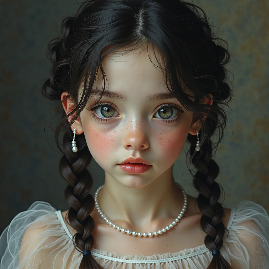 Girl with large dark and beautiful eyes, with wavy hair braided into pigtails, dressed in tulle. The portrait is made in such a way that tenderness and sensuality are captured, which are emphasized by pearl jewelry and a chiffon dress with floral embroider...