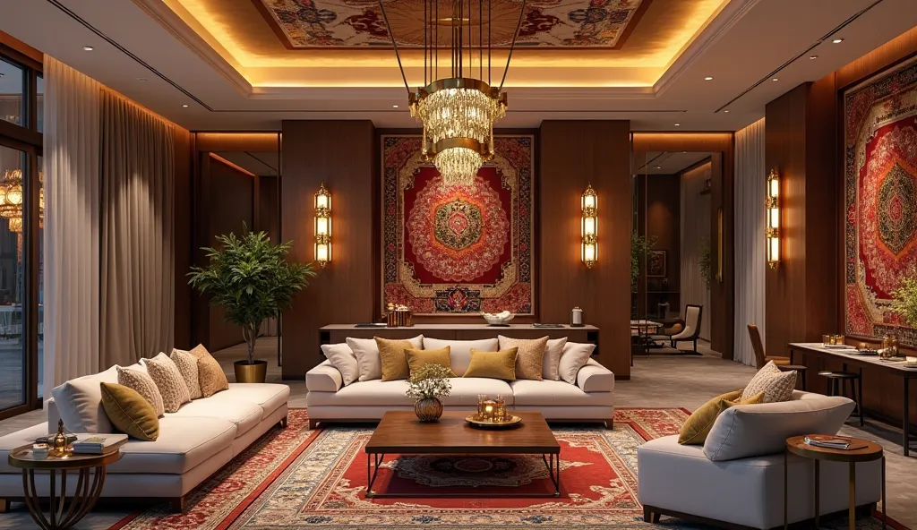 The interior of the house is large and decorated with Ramadan decorations and furniture without people, modern and luxurious in the evening. Modern design at night 