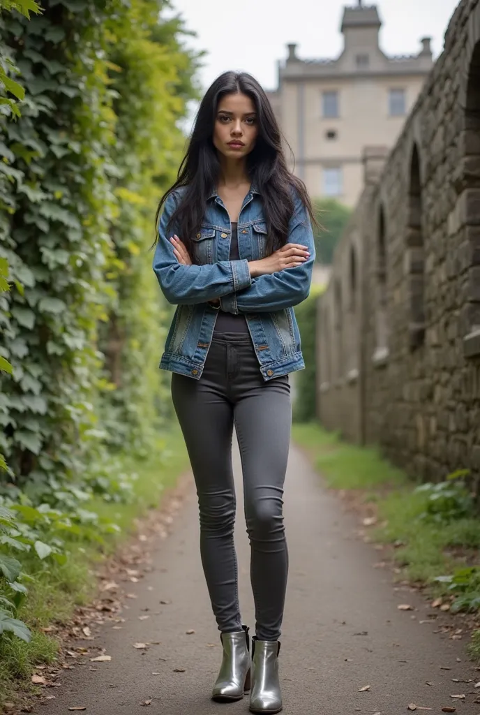 A photo-realistic shoot from a full body camera angle about a confident woman standing confidently on a path in an ancient stone castle with ivy-covered walls. the image also shows lush greenery and a castle in the background. on the middle of the image, a...