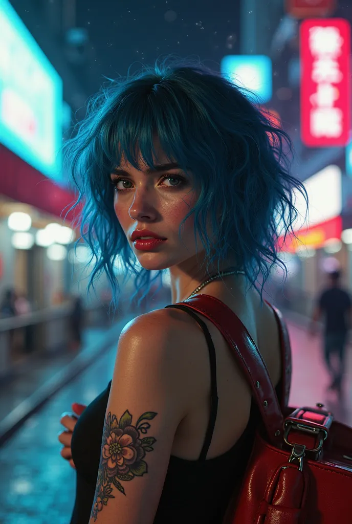 cinematic lighting, modern city at night background, woman with blue hair, Brazillian, red guitar on her back, tired eyes, tattoo arm