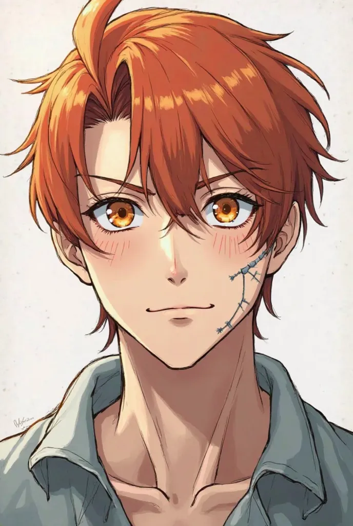 I draw a man like the anime drawing. He has orange eyes, red-orange hair, his hair is parted in half and short, his facial bones are prominent. He has gray and tired lines on his cheeks. He also has lines below his eyes and sides. He has scars on his face ...