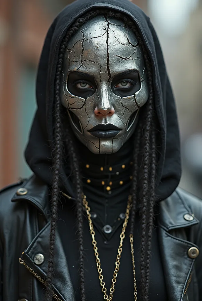 A black ager wearing very punk or alt dread. wear stylish clothes , Your mask is all made of metal with a somewhat abstract appearance and as if it were a combination of metal pieces. Something Cyberpunk but a little shabby , is a , girl. Your mask is some...